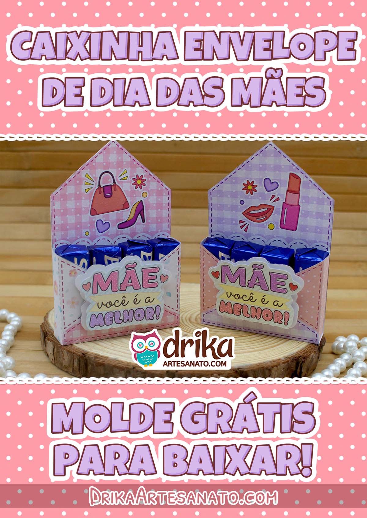 Capa do Molde de Duas Caixinhas estilo Envelope para 4 Bis de Dia das Mães com elementos femininos