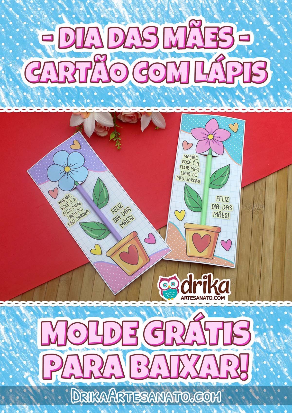 Capa do Molde dos Cartões de Dia Das Mães com Flores, Lápis e Corações