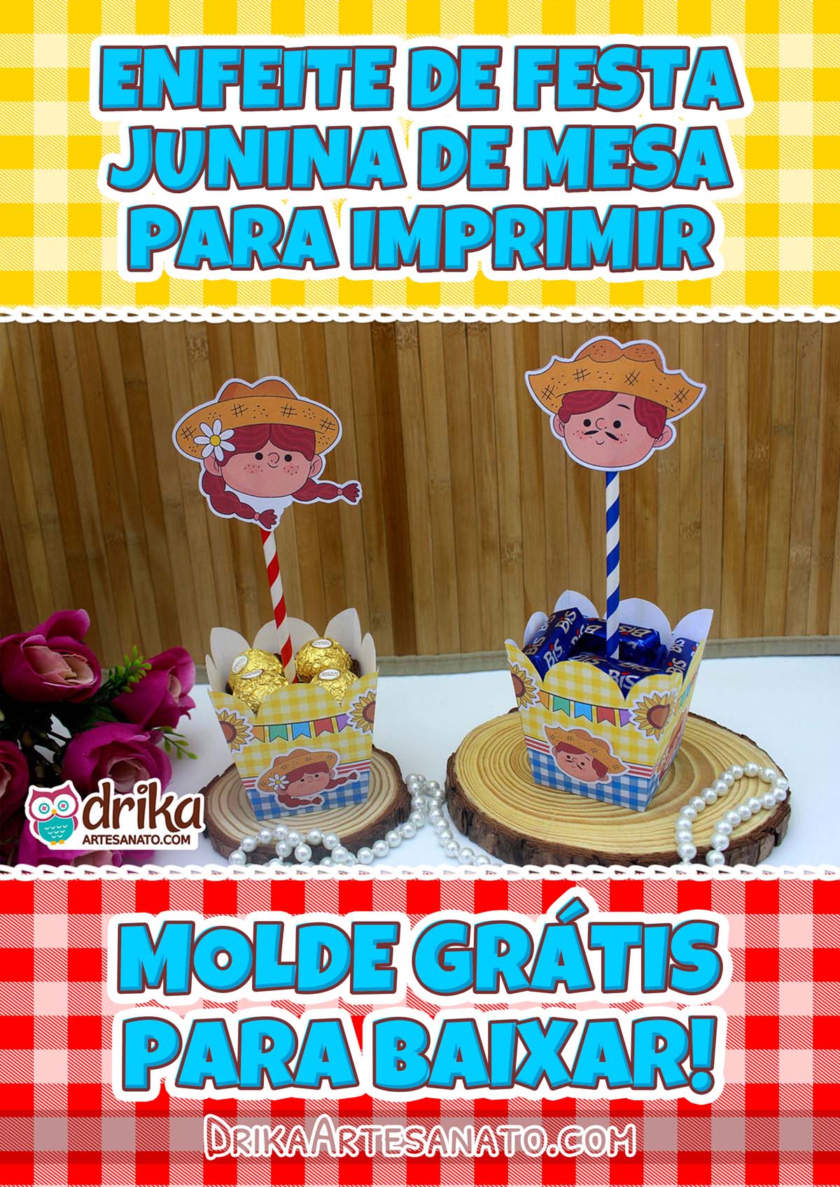 Enfeite de Festa Junina de Mesa com Caipiras Cute para Imprimir Grátis em PDF