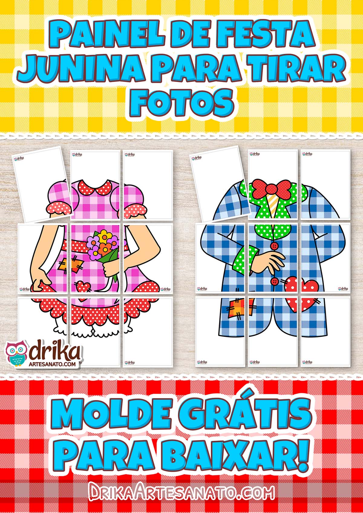 Painel de Festa Junina com Roupas de Caipiras para Tirar Fotos Grátis em PDF