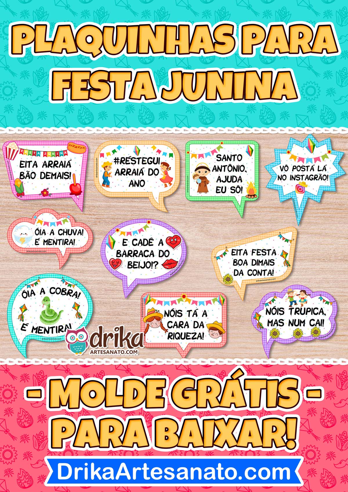 Plaquinhas para Festa Junina com mensagens engraçadas para Imprimir Grátis em PDF