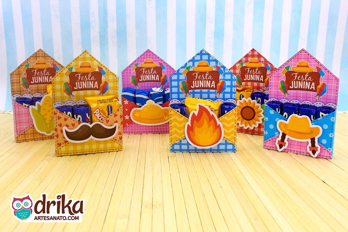 Coleção completa das caixinhas envelope de Festa Junina com seis modelos diferentes e coloridos.