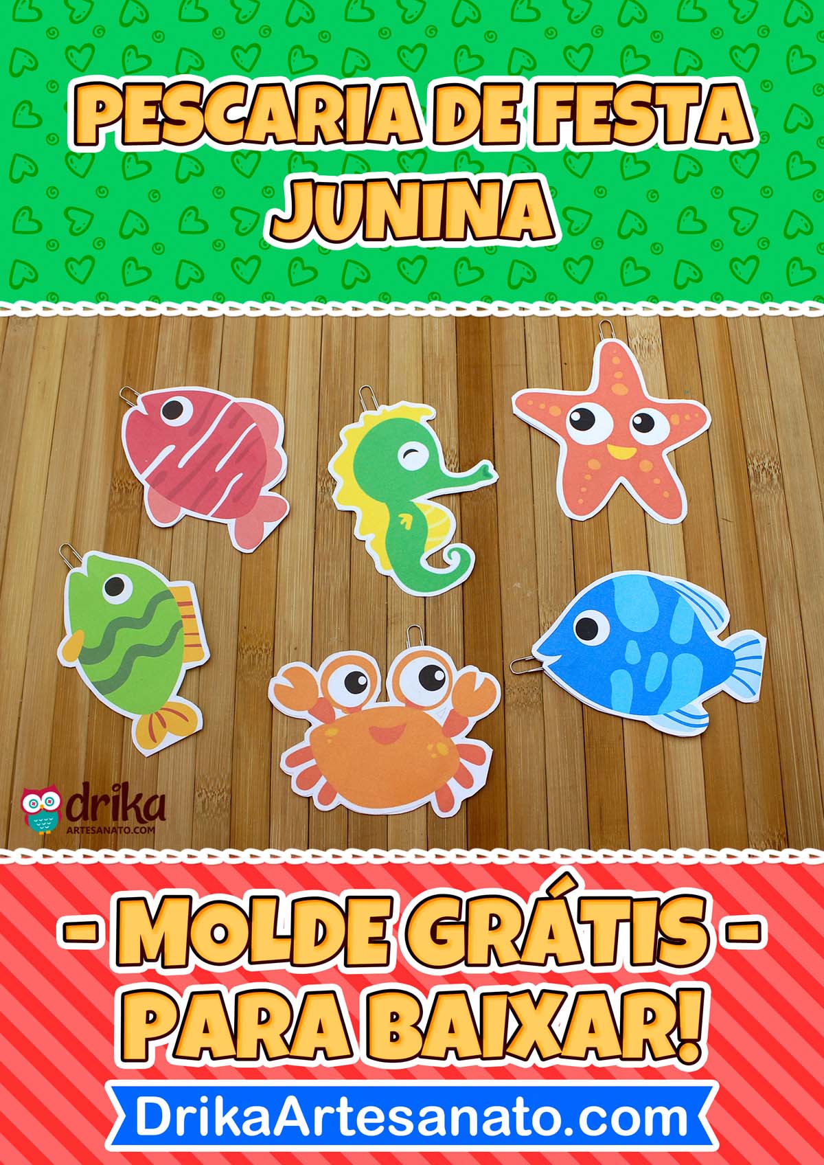 Molde para imprimir de Animais marinhos coloridos de papel recortados com clipes para pescaria junina.