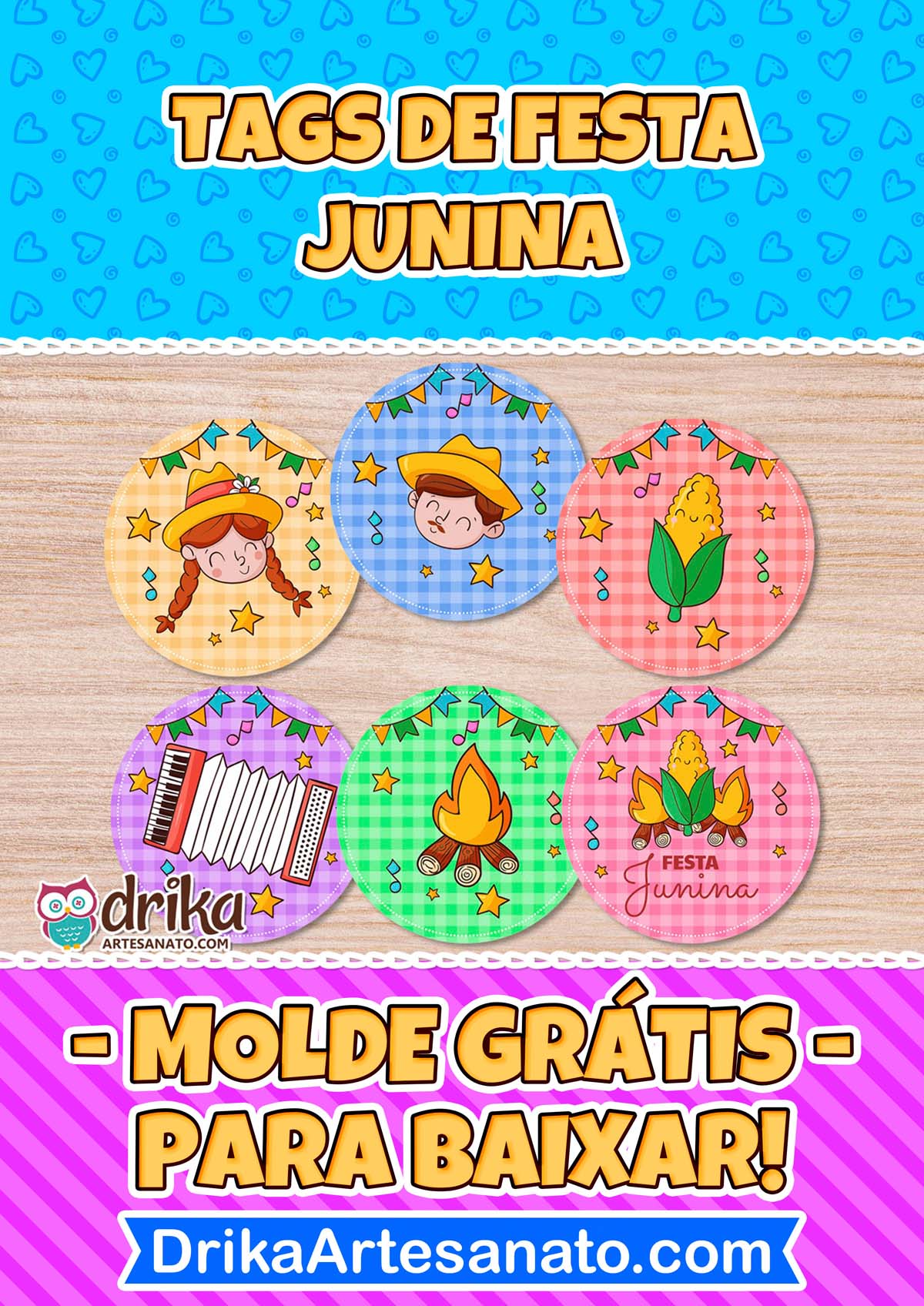 Banner com tags juninas e texto "Molde grátis para baixar" sobre fundo azul com corações.