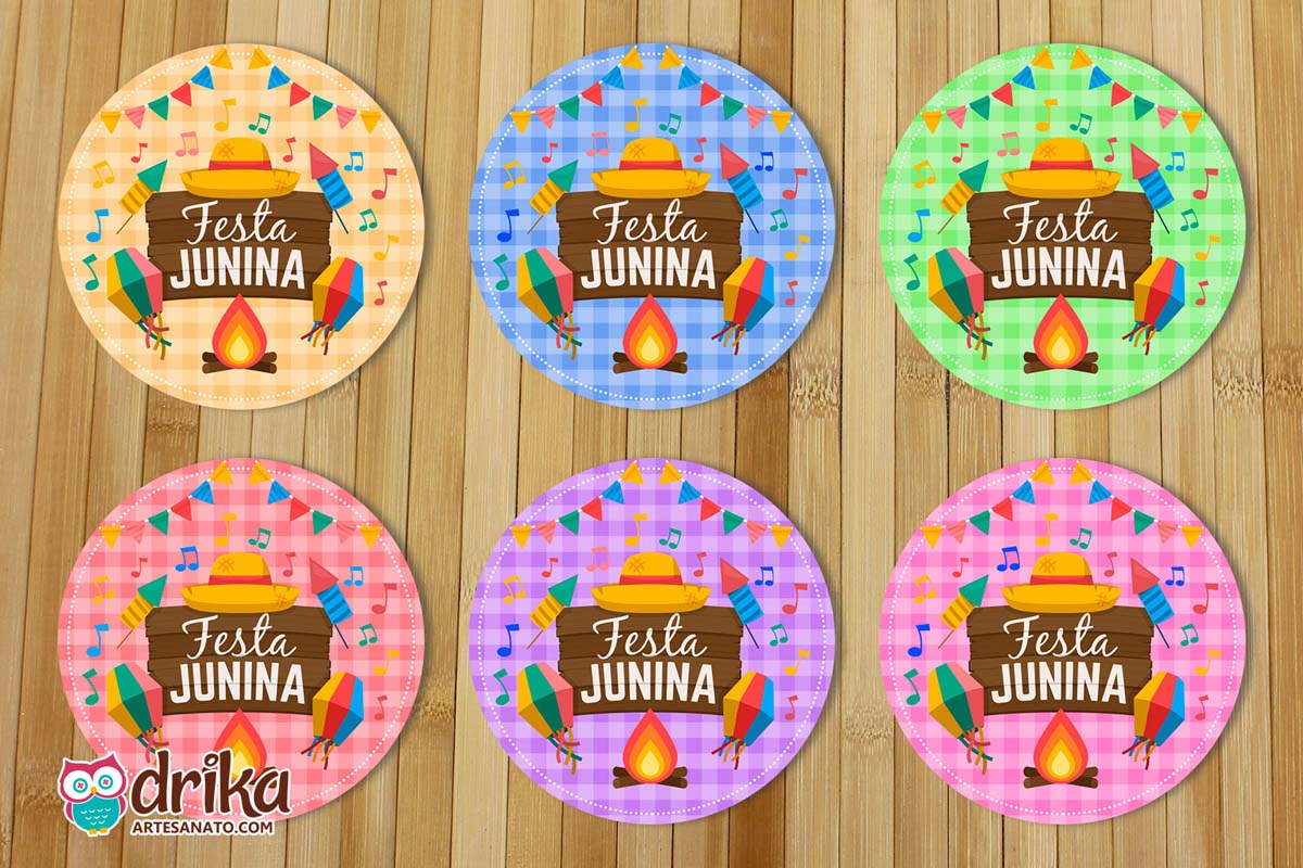 Tags Redondas de Festa Junina com Fogueira e Chapéu de Caipira